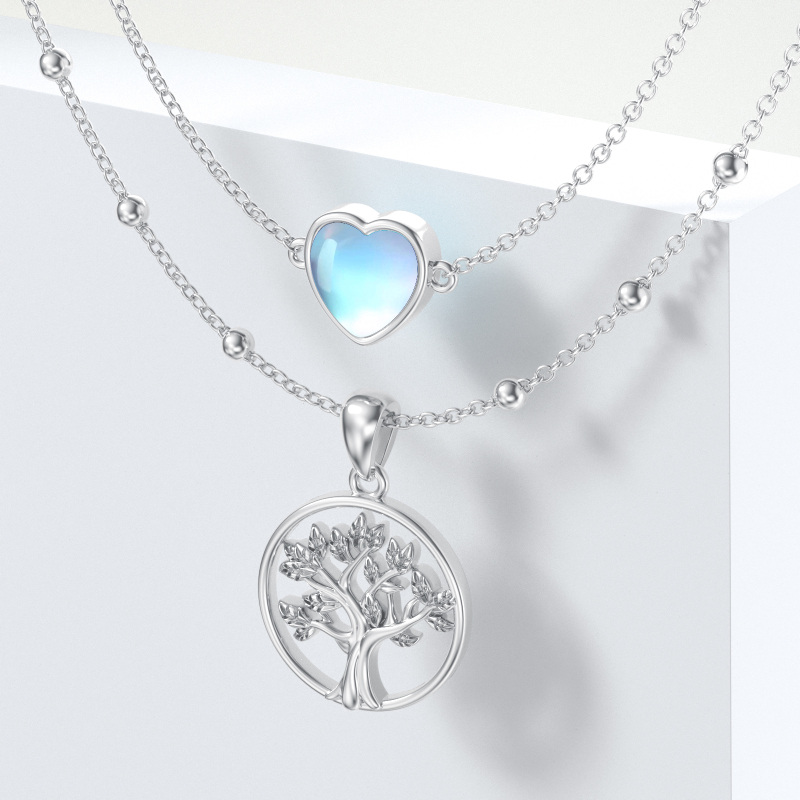 Sterling Silver Moonstone Tree Of Life & Heart Layered Necklace-3