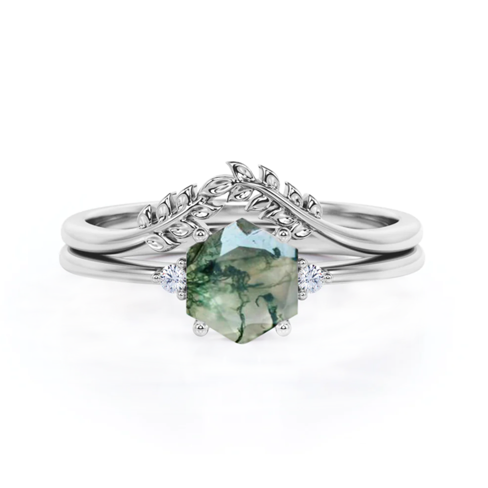 Bague de fiançailles de couple avec gravure personnalisée en argent sterling et agate mousse-1