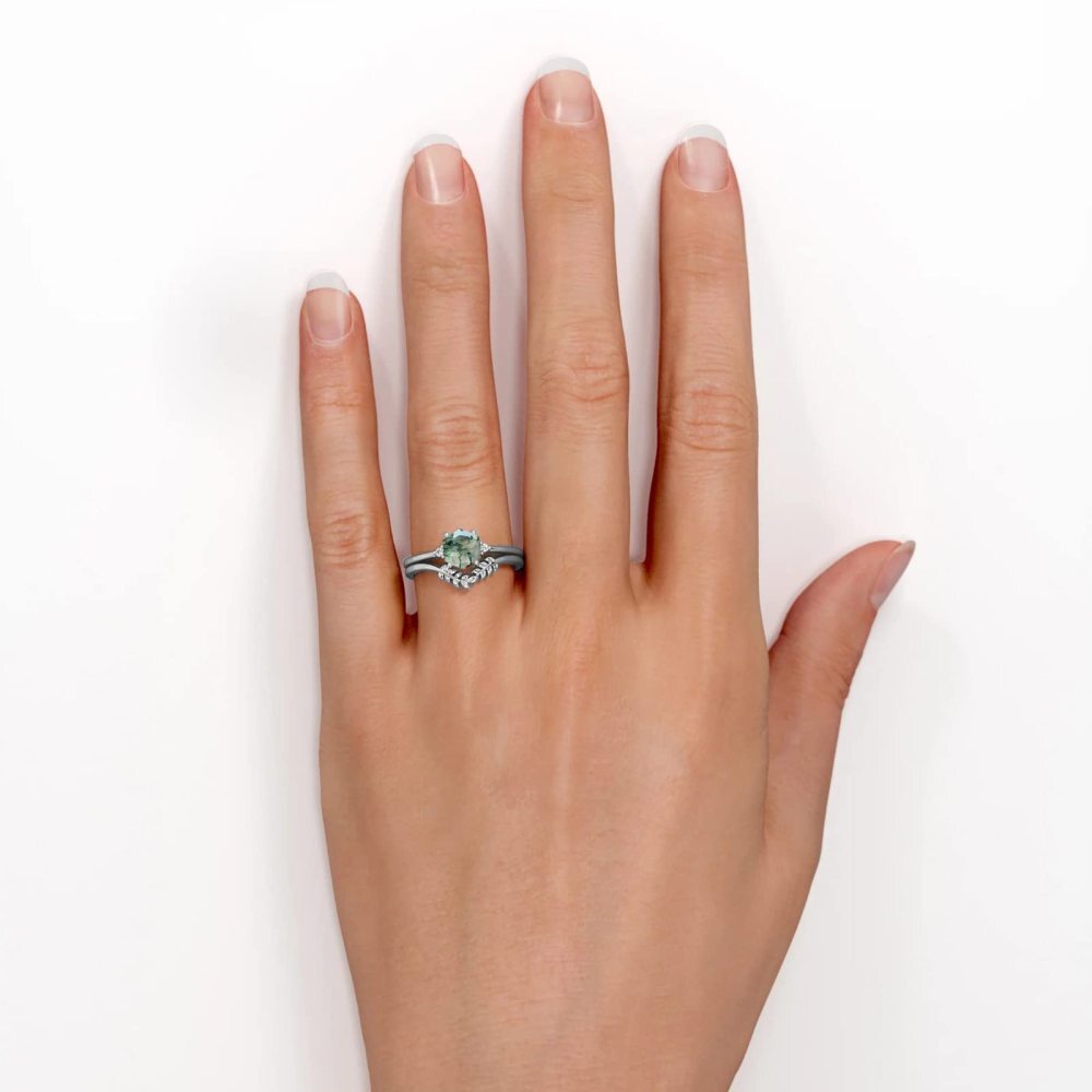 Bague de fiançailles de couple avec gravure personnalisée en argent sterling et agate mousse-2