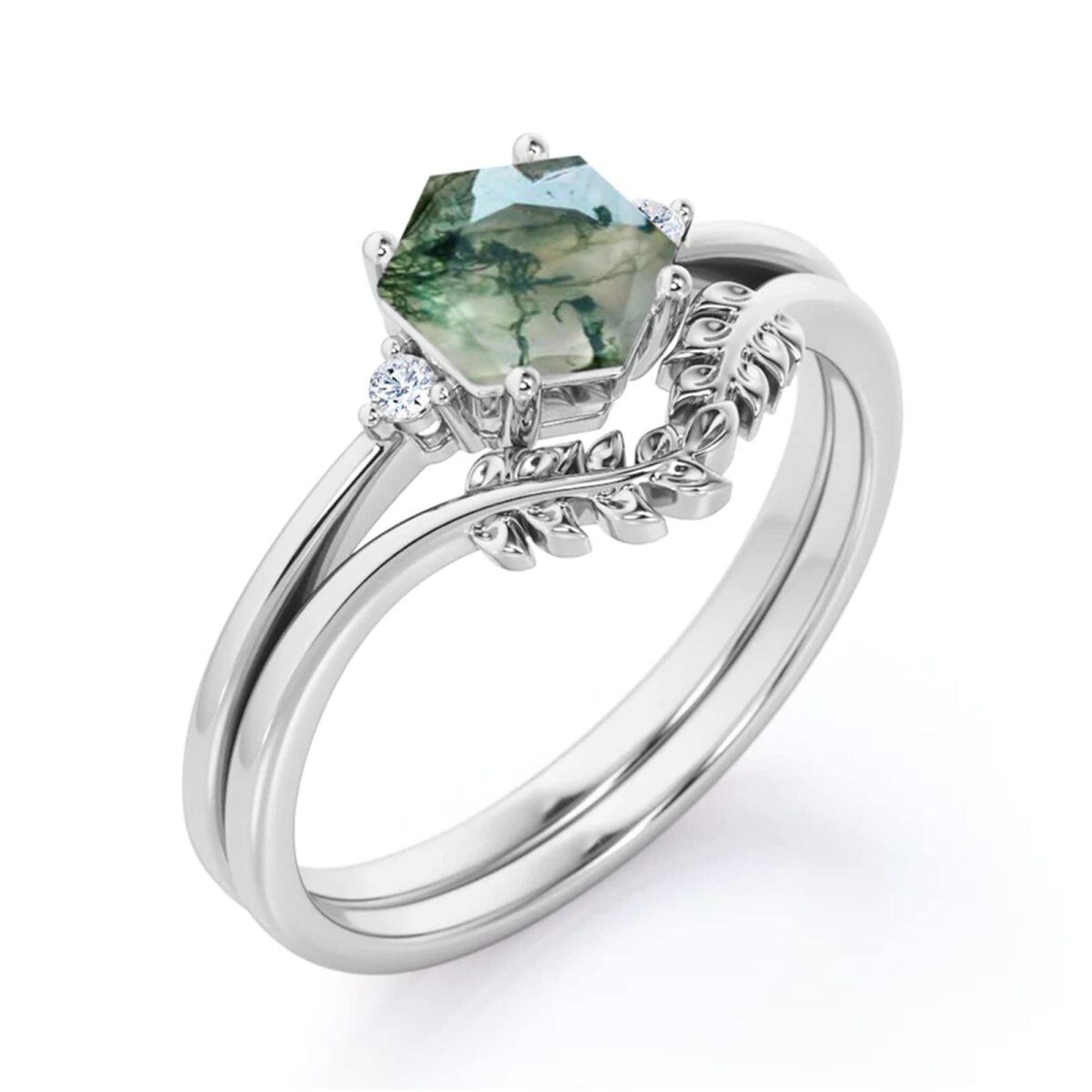 14K White Gold Moss Agate Personalized Engraving & Couple Engagement Ring-3