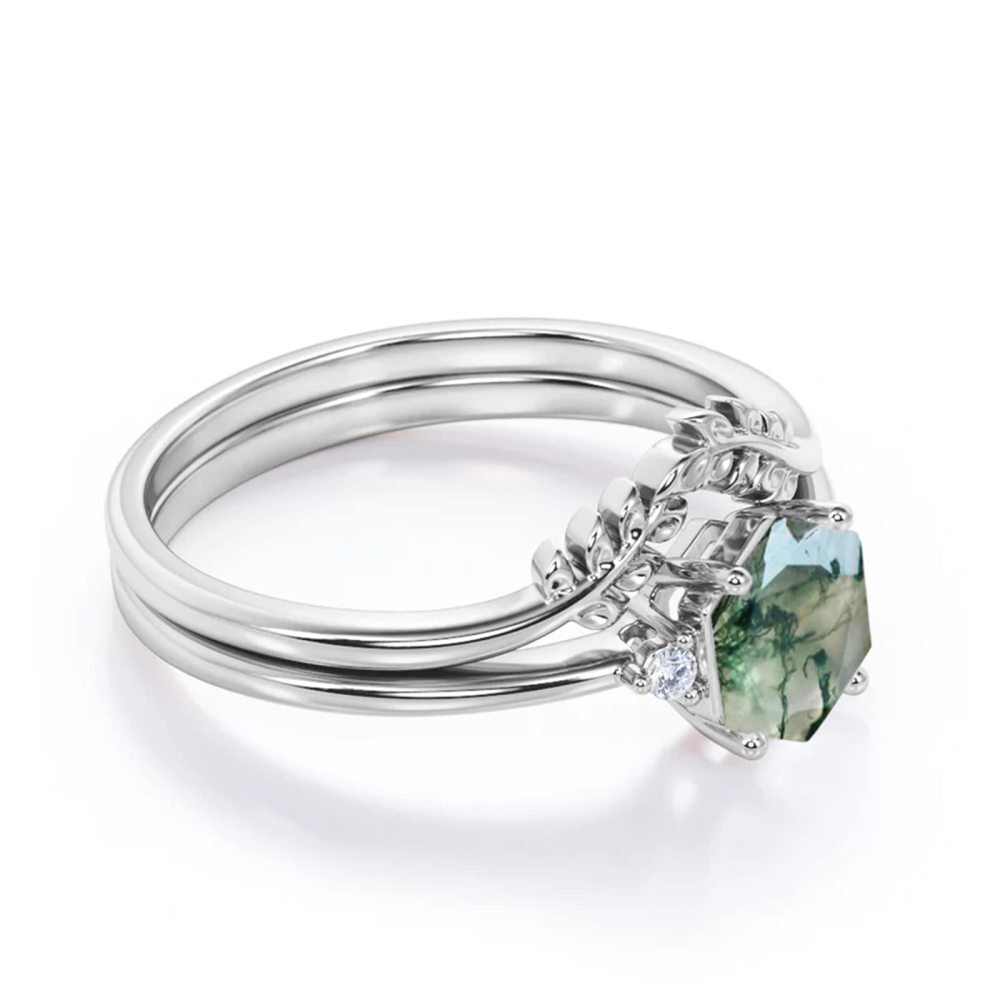 Bague de fiançailles de couple avec gravure personnalisée en argent sterling et agate mousse-4