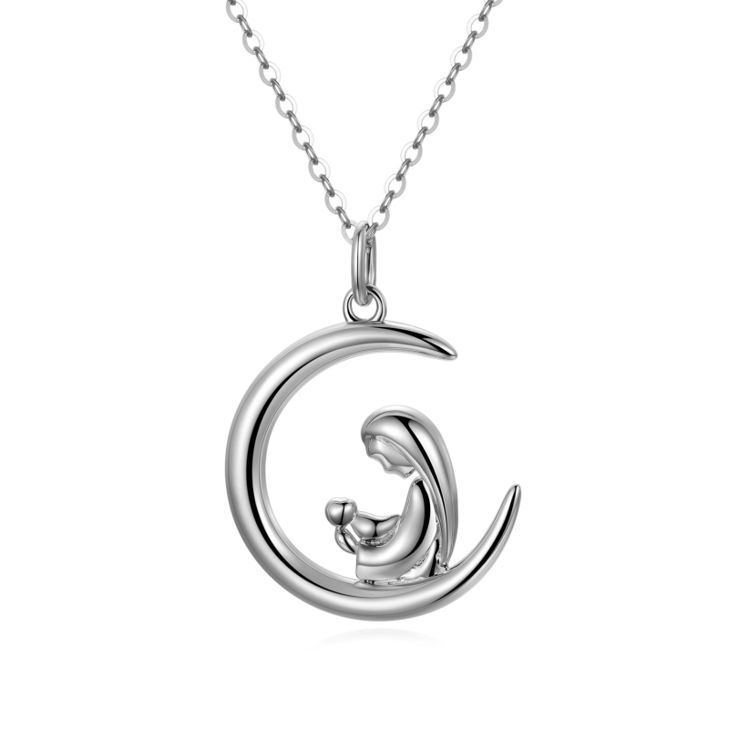 Collar de oro blanco de 14 quilates con luna para madre e hija para mujer-1