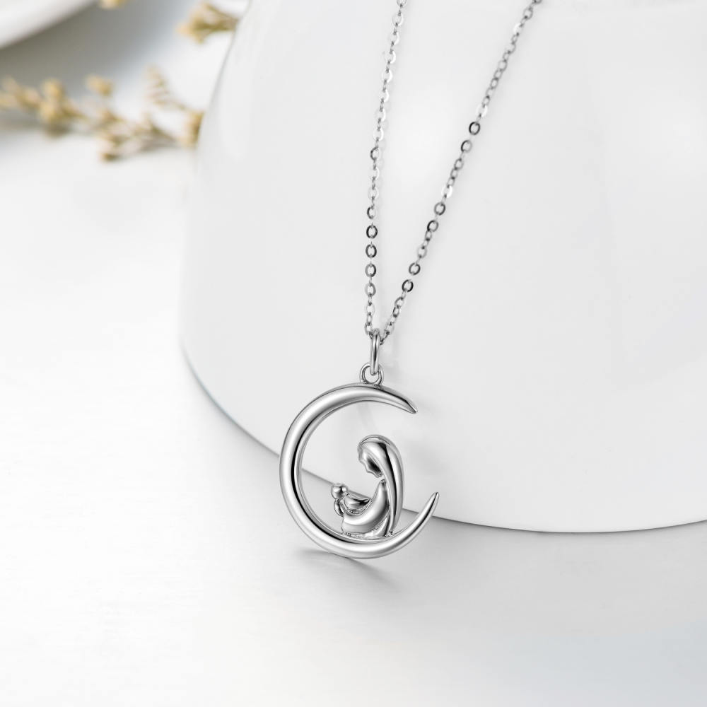 10K White Gold Mother & Daughter Moon Necklace for Women-3