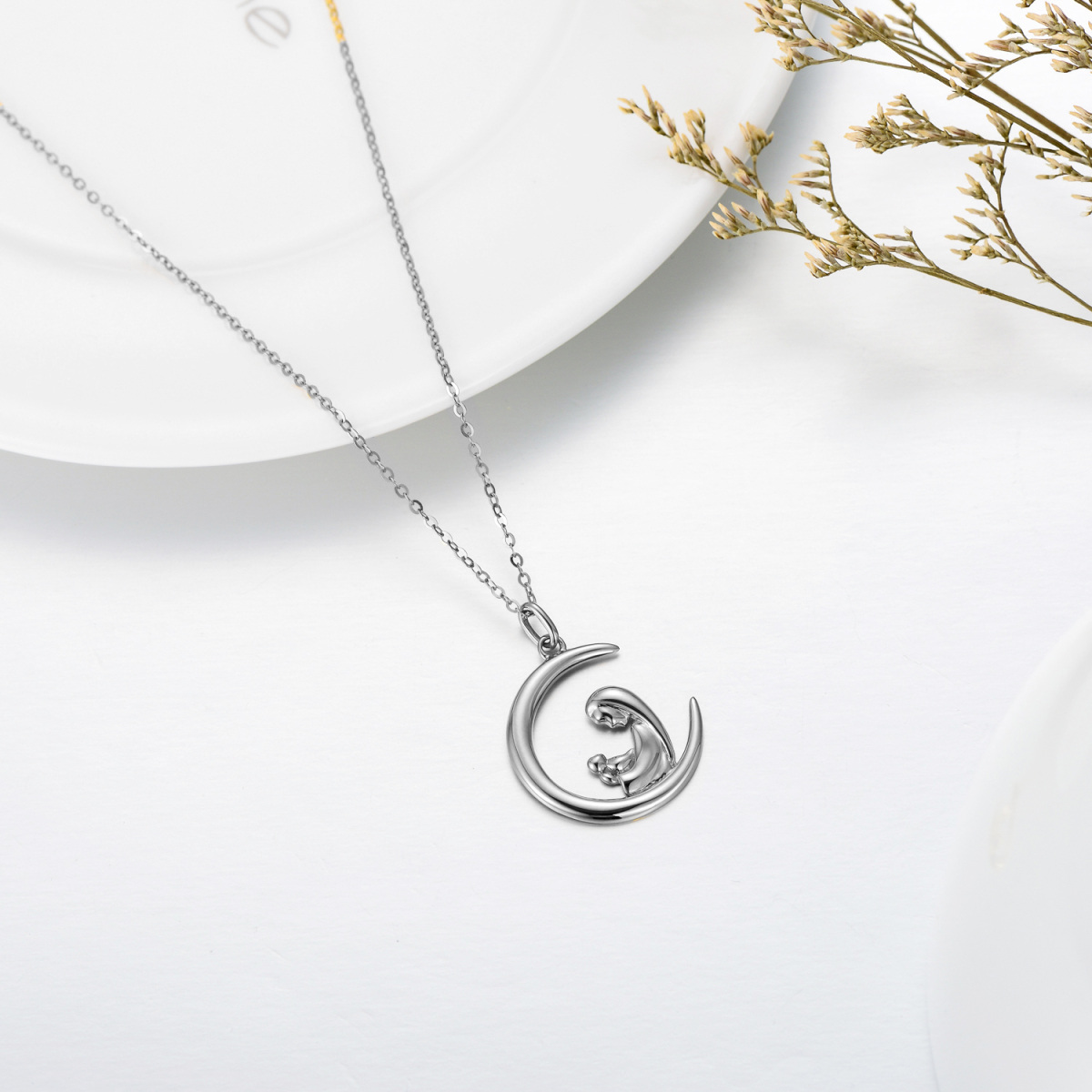 14K White Gold Mother & Daughter Moon Necklace for Women-4