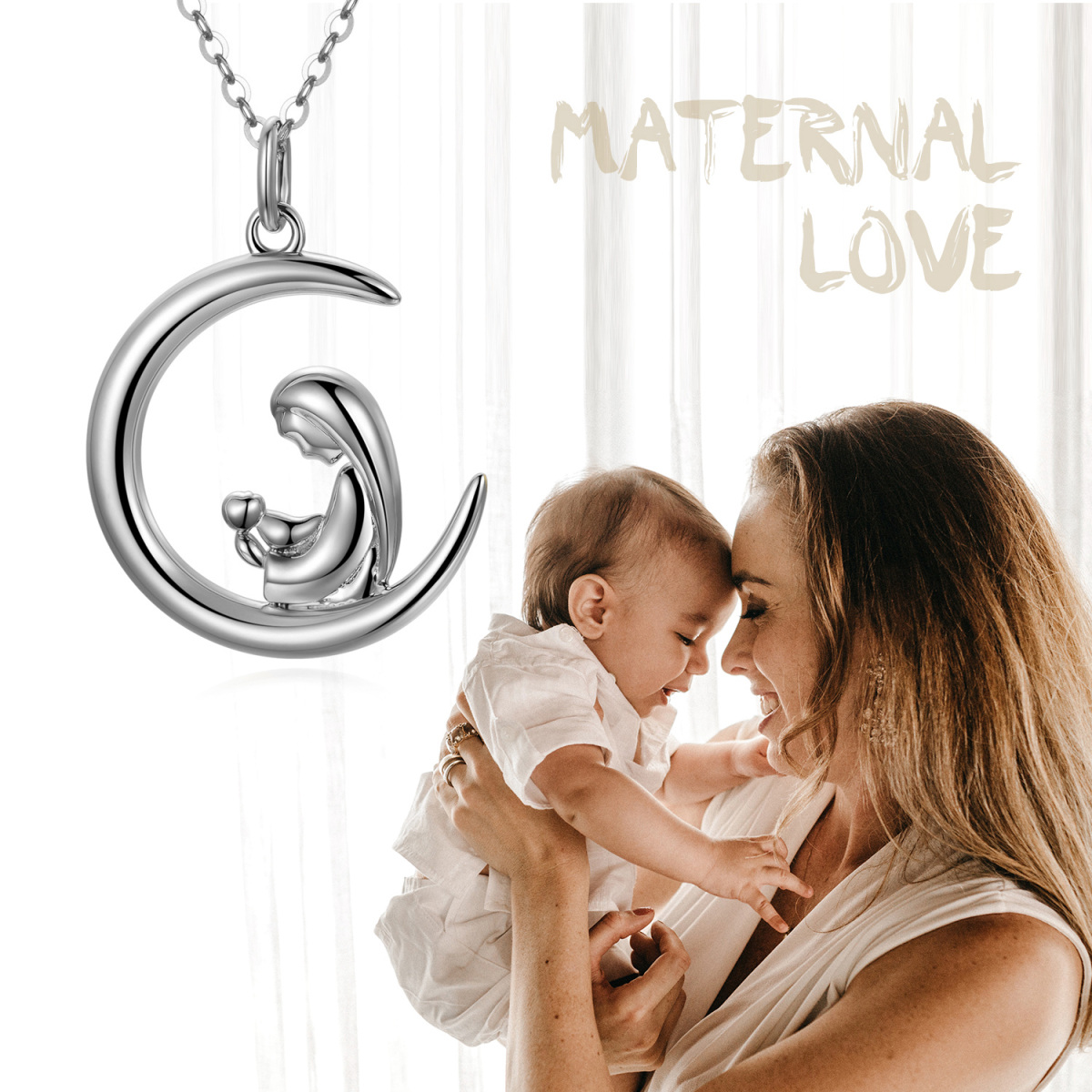 14K White Gold Mother & Daughter Moon Necklace for Women-6