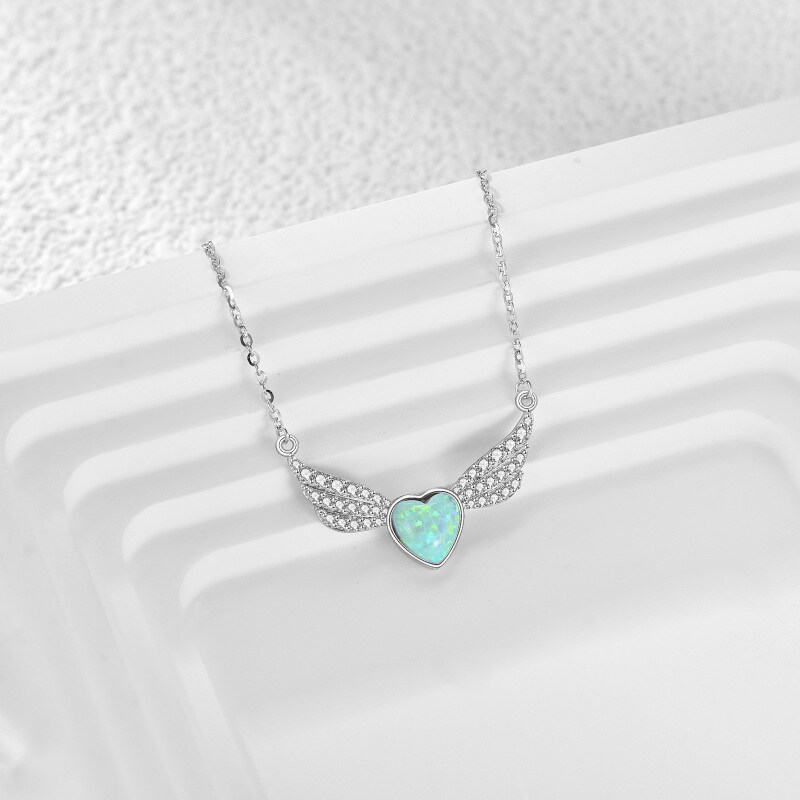 14K Collar con Colgante de Alas de Ángel en Oro Blanco, Circonia Cúbica y Ópalo-3