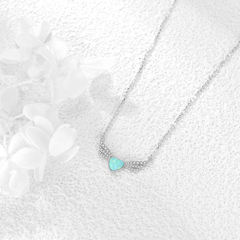 14K Collar con Colgante de Alas de Ángel en Oro Blanco, Circonia Cúbica y Ópalo-4