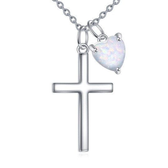 Sterling Silver Opal Cross & Heart Pendant Necklace