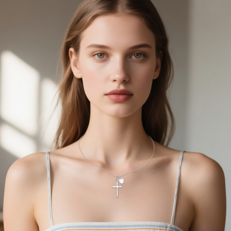 Platinum with White Gold Plated Opal Cross & Heart Pendant Necklace-2