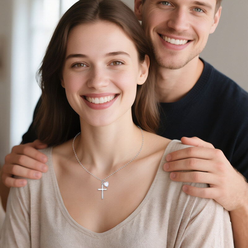 Platinum with White Gold Plated Opal Cross & Heart Pendant Necklace-3