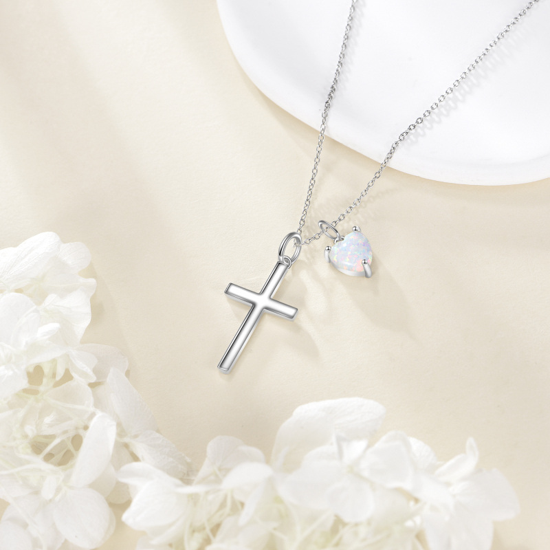 Platinum with White Gold Plated Opal Cross & Heart Pendant Necklace-4