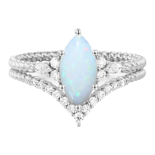 14K White Gold Opal With Moissanite Engagement Ring