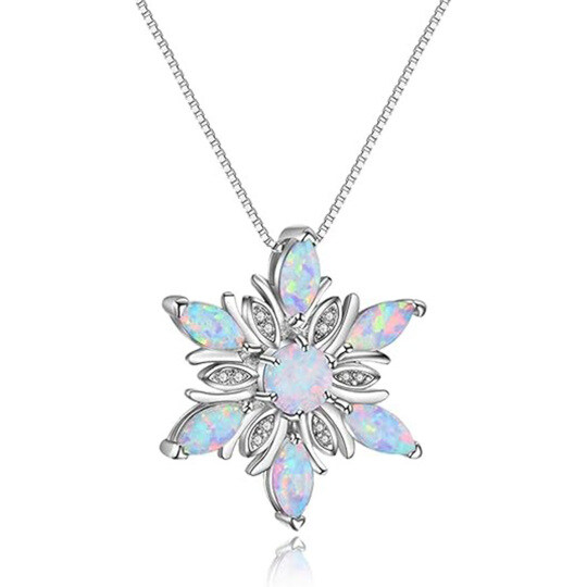 14K White Gold Opal Snowflake Pendant Necklace