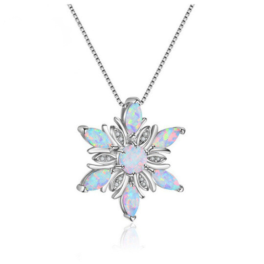 14K White Gold Opal Snowflake Pendant Necklace