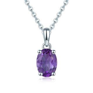 10K White Gold Oval Amethyst Round Pendant Necklace-14