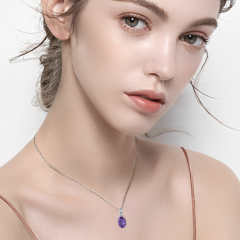 10K White Gold Oval Amethyst Round Pendant Necklace-2
