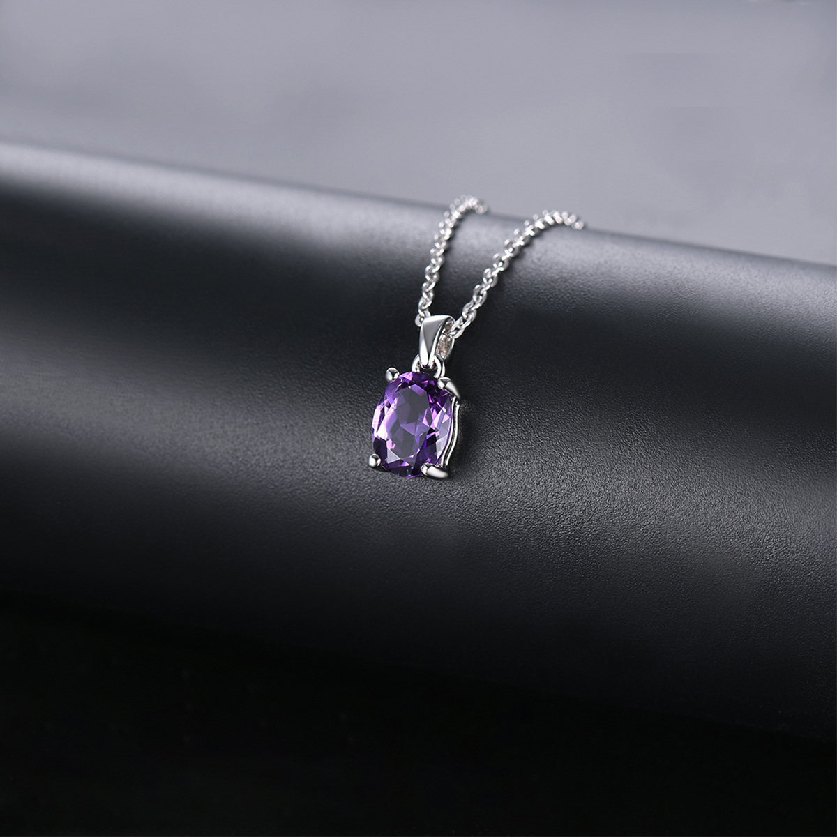 14K White Gold Oval Amethyst Round Pendant Necklace-4