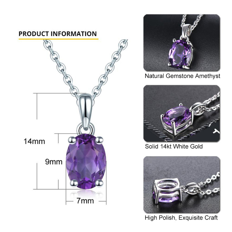 10K White Gold Oval Amethyst Round Pendant Necklace-5