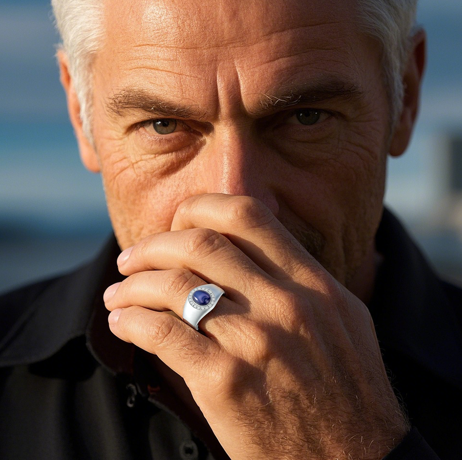 Chevalière personnalisée en or blanc 14 carats avec diamant taille ovale et saphir pour homme, couleur H, pureté I2, 3EX-3