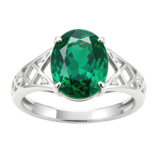 14K Or Blanc Bague de Fiançailles en Émeraude à Coupe Ovale