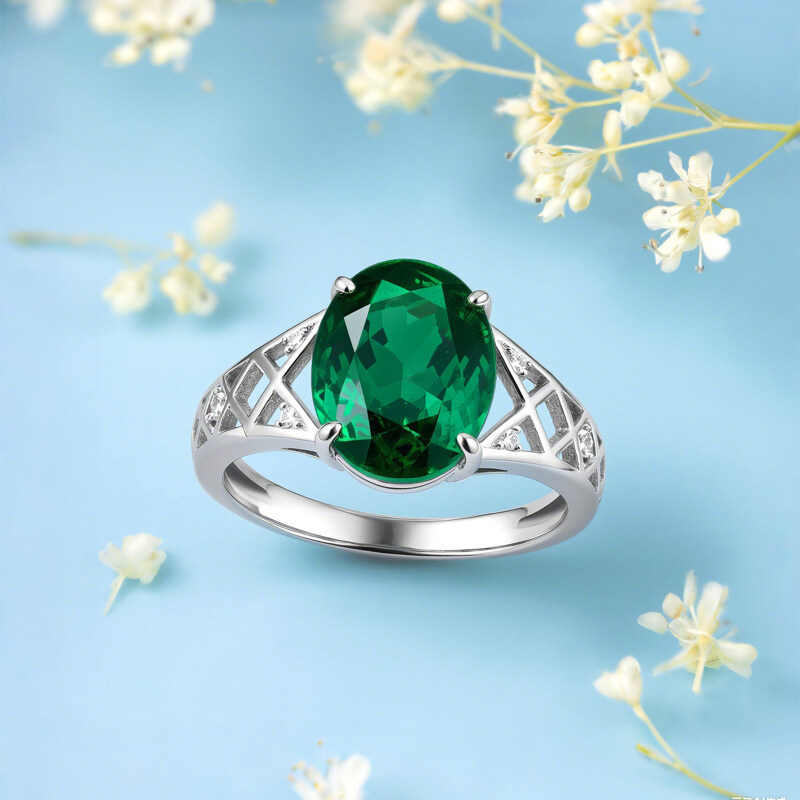 14K White Gold Oval Cut Emerald Engagement Ring-4