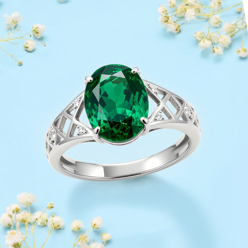 14K White Gold Oval Cut Emerald Engagement Ring-5