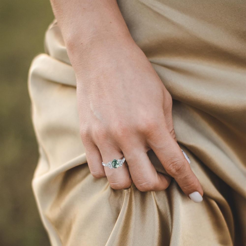 10K White Gold Oval Moss Agate Ring-2