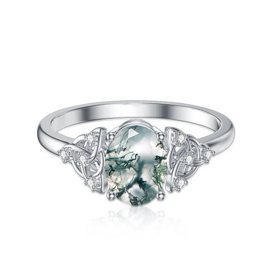 14K White Gold Oval Shaped Moss Agate Personalized Engraving & Celtic Knot Ring