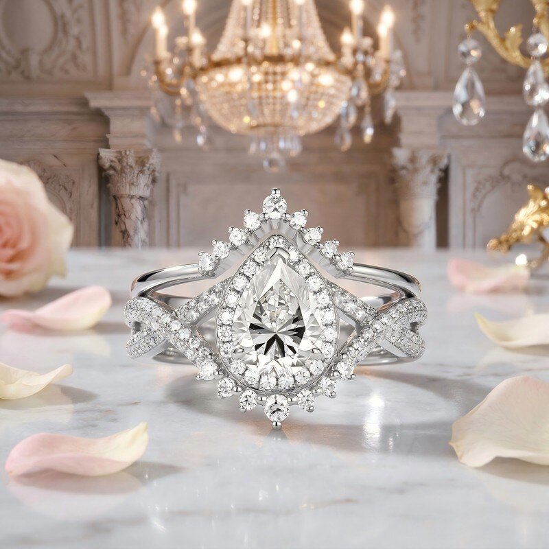 Conjunto nupcial de oro blanco 14K con moissanita cortada en forma de pera-3