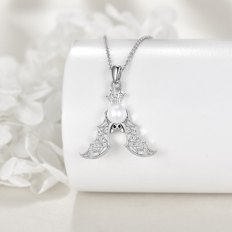 Naszyjnik z perłą z białego złota 14K, nietoperz, Halloween, urodziny, biżuteria, Boże Narodzenie-3