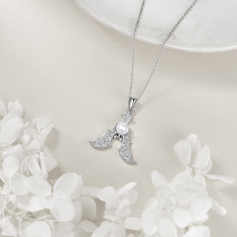 Naszyjnik z perłą z białego złota 14K, nietoperz, Halloween, urodziny, biżuteria, Boże Narodzenie-4