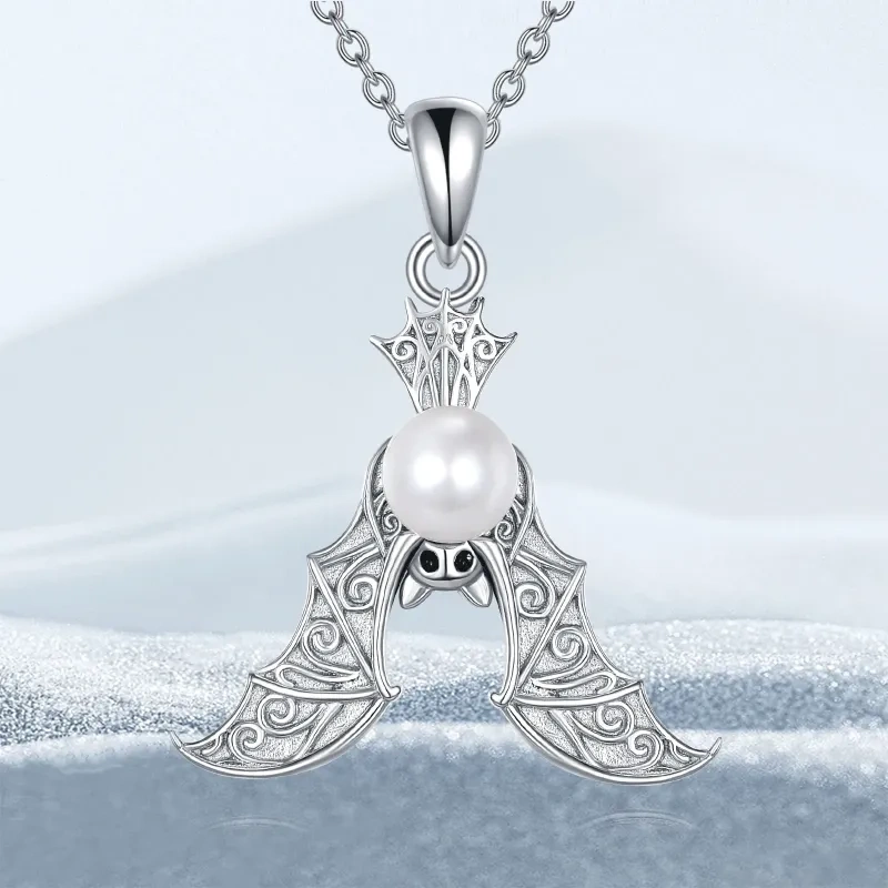 Naszyjnik z perłą z białego złota 14K, nietoperz, Halloween, urodziny, biżuteria, Boże Narodzenie-5