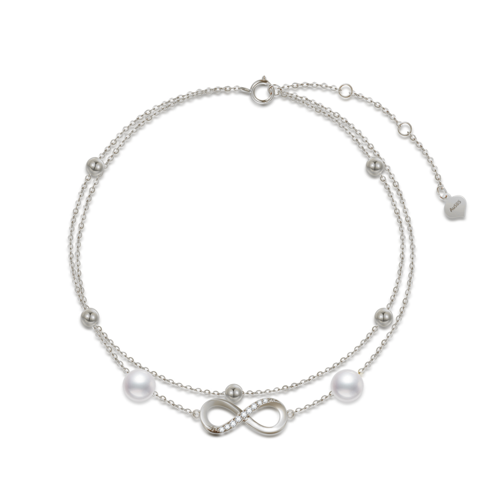 14K White Gold Pearl Bead & Infinity Symbol Charm Bracelet-1