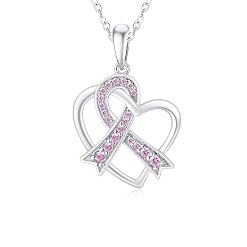 Collar con corazón y lazo con piedra natal personalizado en oro blanco de 14 quilates para mujer-2