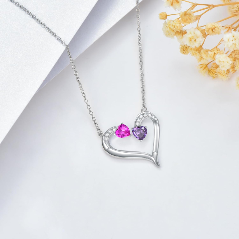 Colar com pendente personalizado em ouro rosa 10K com zircónias cúbicas e pedra de nascimento, ideal para casais, mães e irmãs.-3