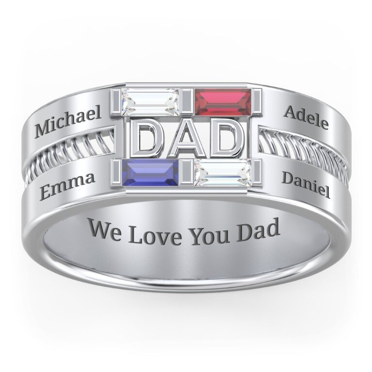 14K White Gold Cubic Zirconia Personalized Birthstone & Personalized Engraving Birthstone Ring for Men-2