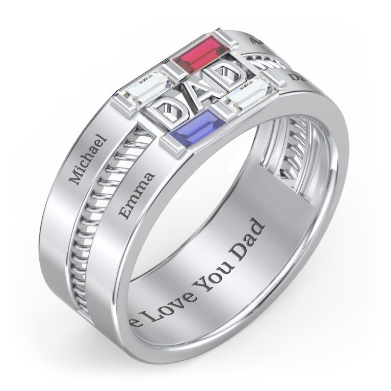10K White Gold Personalised Birthstone Engraving Ring For Men-3