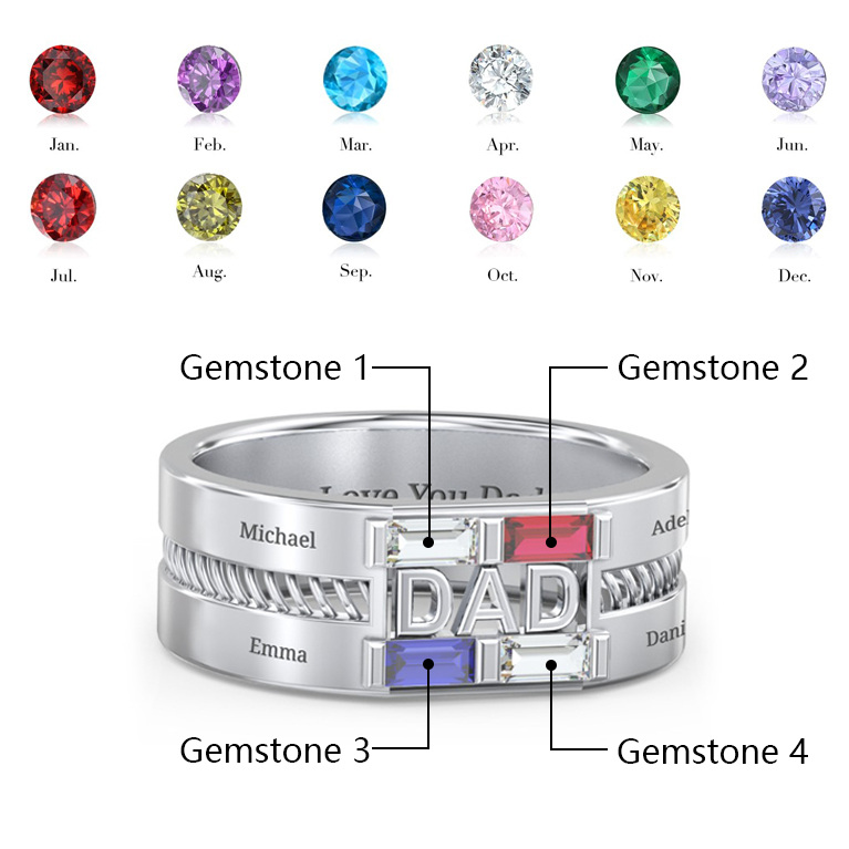 10K White Gold Personalised Birthstone Engraving Ring For Men-6
