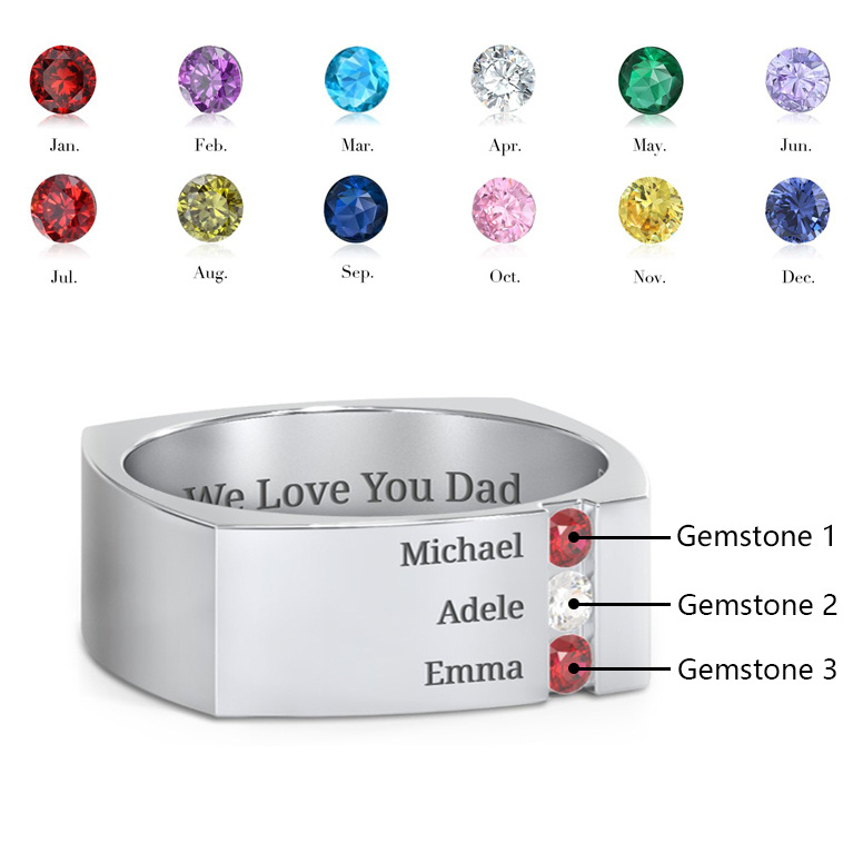 14K White Gold Cubic Zirconia Personalized Birthstone & Personalized Engraving Birthstone Ring-6