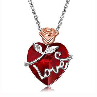 14K White Gold Personalized Birthstone Engraving Rose Heart Necklace for Women-11