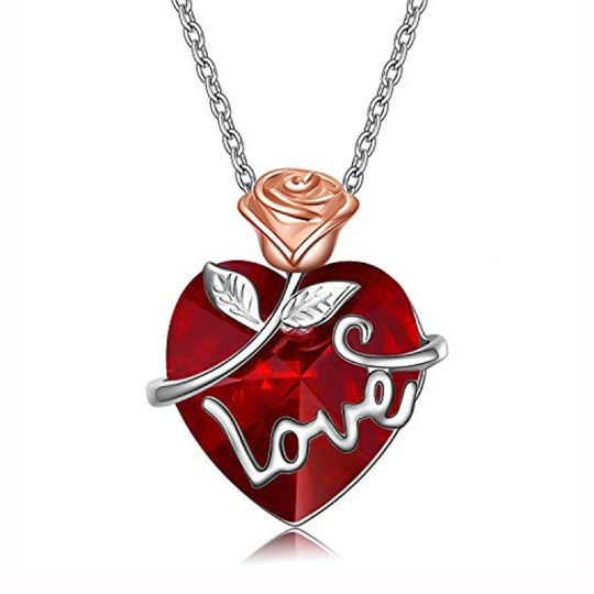 14K White Gold Personalized Birthstone Engraving Rose Heart Necklace for Women