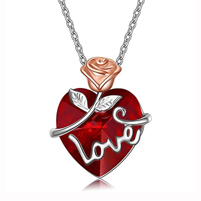 10K White Gold Personalized Birthstone Engraving Rose Heart Necklace for Women-6