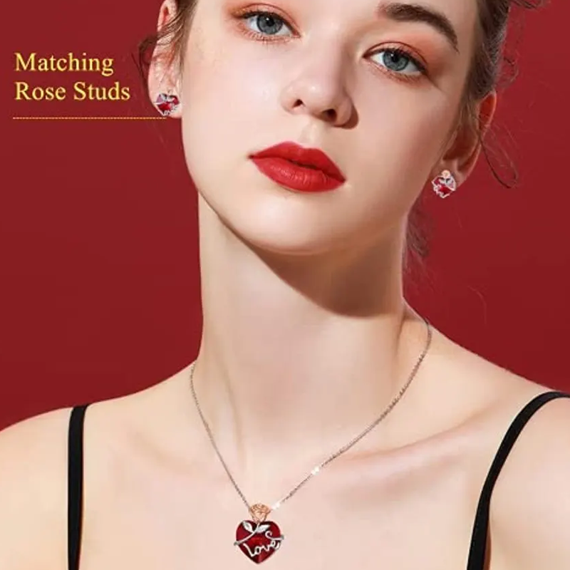 14K White Gold Personalized Birthstone Engraving Rose Heart Necklace for Women-2