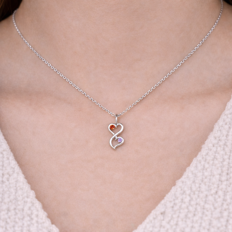 Collar con colgante de oro blanco de 14 quilates personalizado con piedra de nacimiento, corazón y símbolo del infinito-2