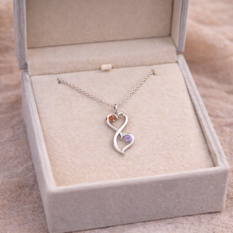 Collar con colgante de oro blanco de 14 quilates personalizado con piedra de nacimiento, corazón y símbolo del infinito-3