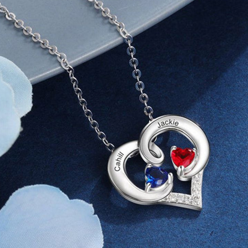 Collar con colgante de corazón con nombre y piedra natal personalizado en oro blanco de 10 quilates-4