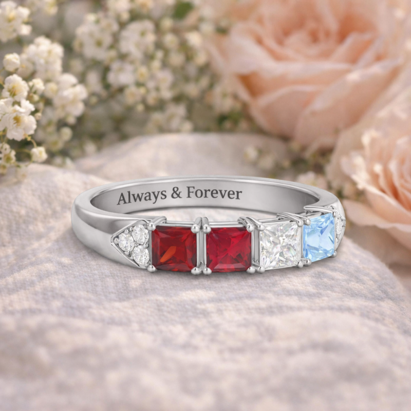 Anillo de piedras de nacimiento personalizado con corte princesa en oro blanco de 14 quilates-3