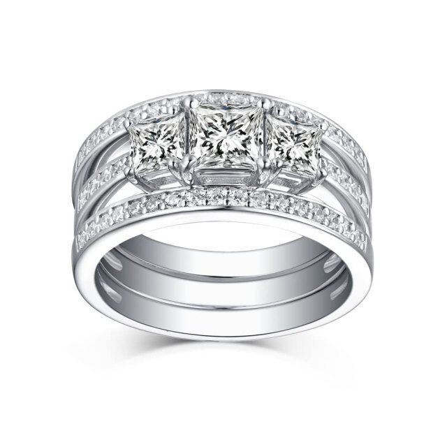 Bague de mariage pour couple en or blanc 14 carats avec gravure personnalisée et moissanite princesse carrée-1