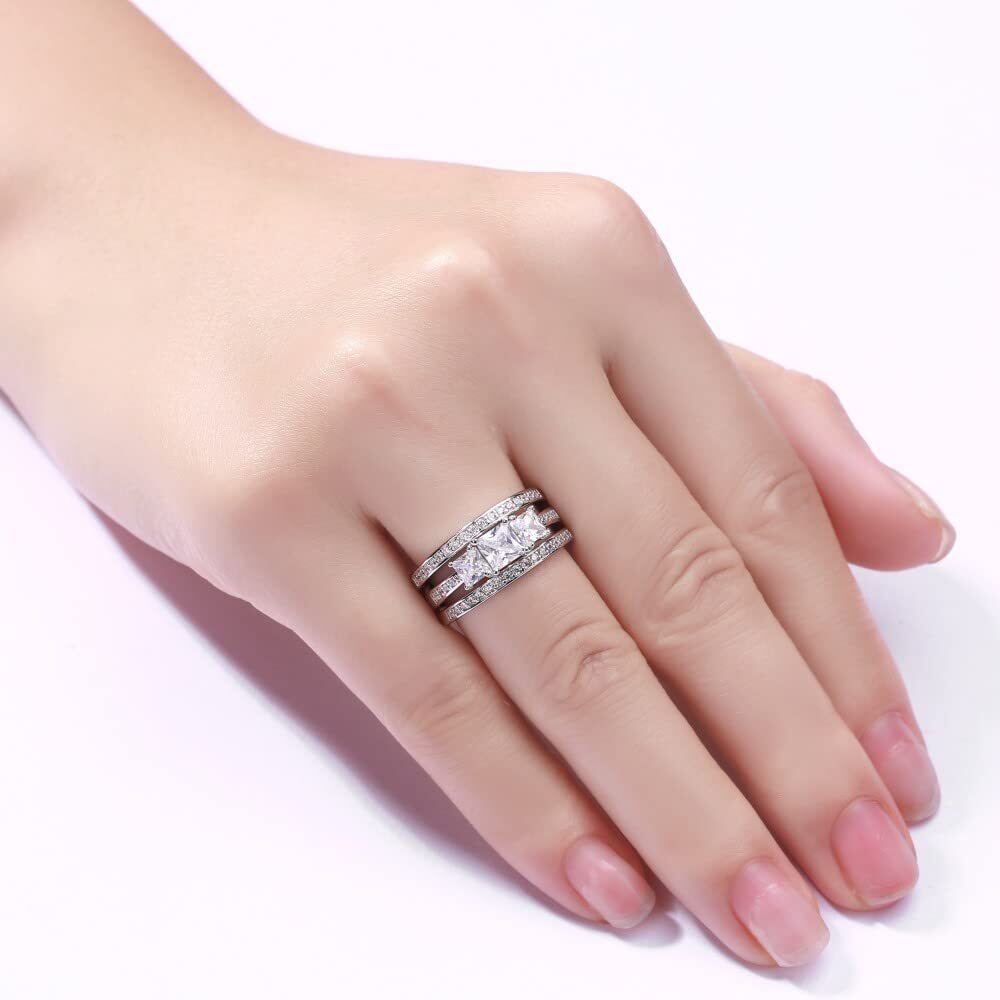 Anillo de bodas para parejas con grabado personalizado de moissanita de corte princesa en oro blanco de 14 quilates-2