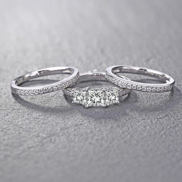 Bague de mariage pour couple en or blanc 14 carats avec gravure personnalisée et moissanite princesse carrée-3